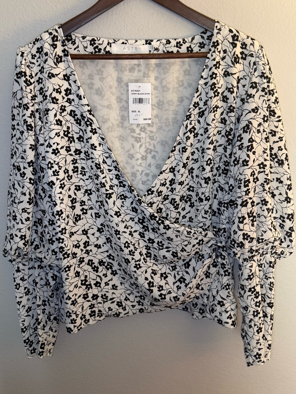 Astr Black and White Floral Wrap Blouse